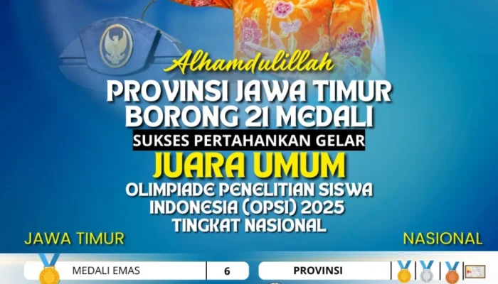 Jawa Timur Raih Juara Umum OPSI 2025, Gubernur Khofifah: Ekosistem Riset Siswa Berbuah Prestasi