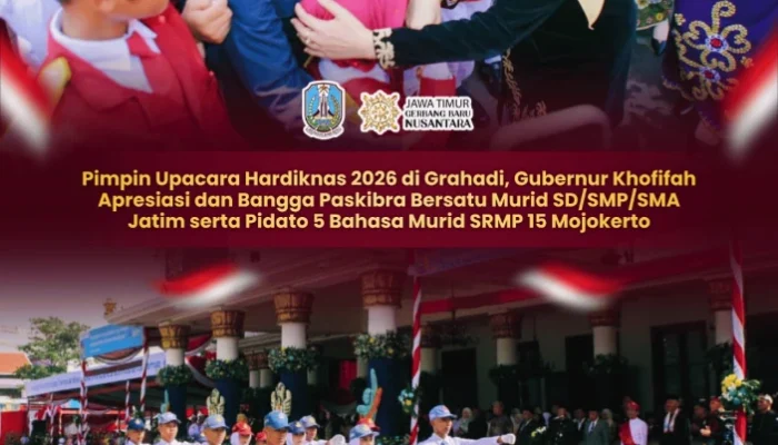 Gubernur Khofifah Apresiasi Pidato 5 Bahasa Siswa SRMP 15 Mojokerto Saat Hardiknas 2026