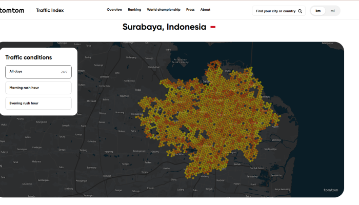 Surabaya Catat Tingkat Kemacetan 43,7 Persen, Waktu Tempuh 10 Km Hampir 28 Menit